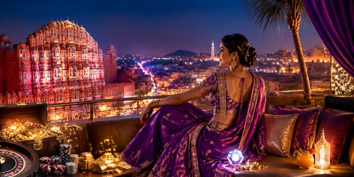 Jaipur Hawa Mahal with Bollywood style vibrant casino and betting lights